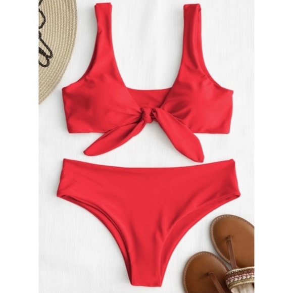 Zaful Other - Zaful Bright Red Tie Front Padded Bikini Set